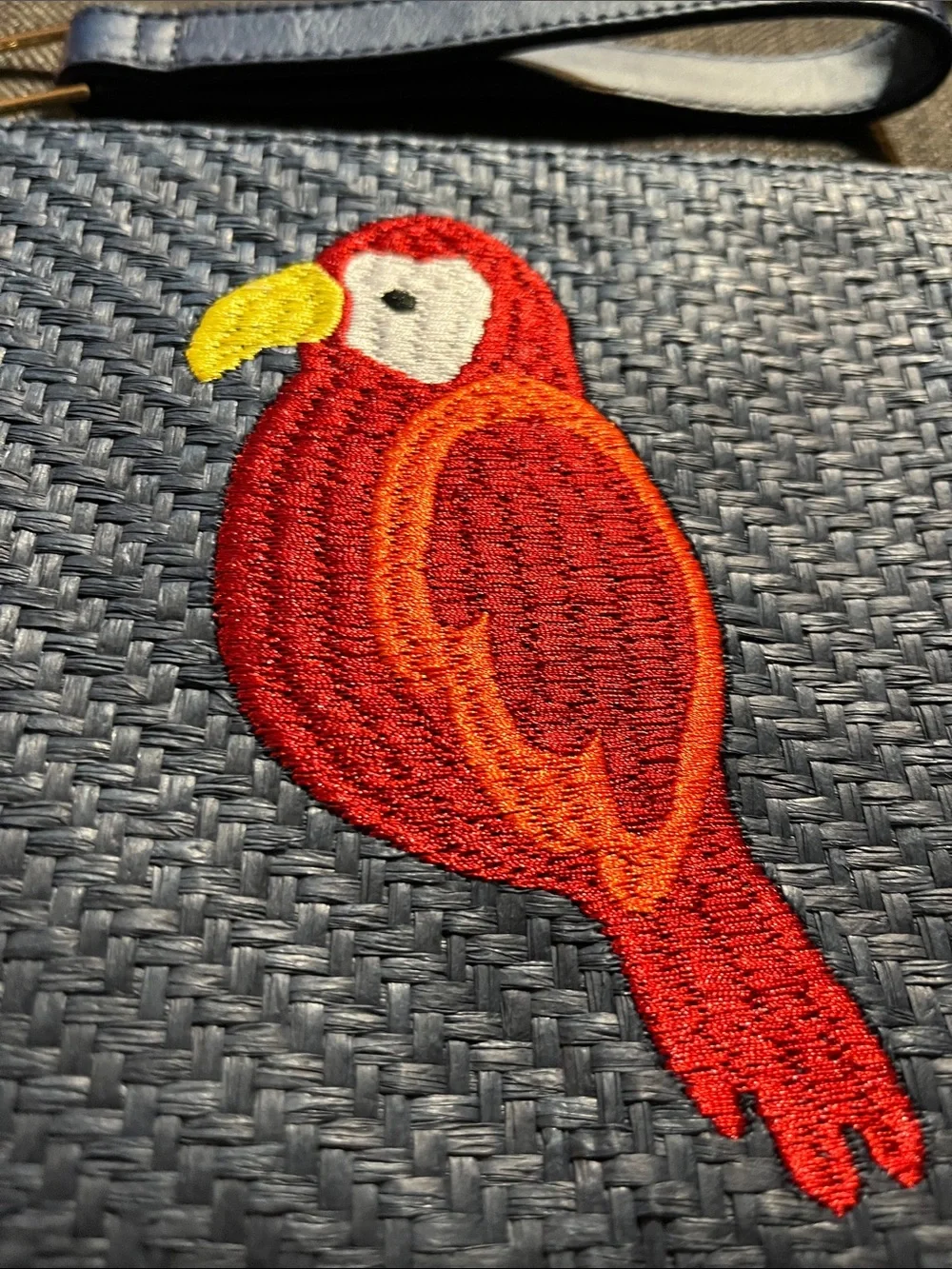 Talbots Navy Blue Embroidered Red Parrot Clutch Purse